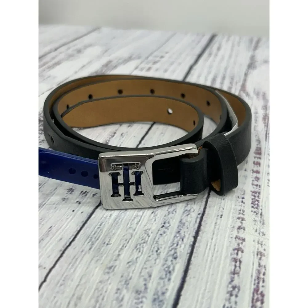 Tommy Hilfiger Womens Black Synthetic Leather‎ Silver Logo Buckle Dress Belt XS